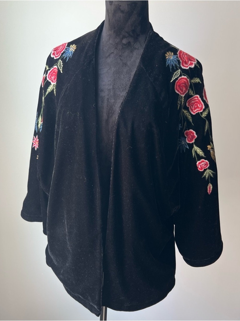 Embroidered Black Velvet Kimono with Red Hummingbird Motif - Picture 3 of 9